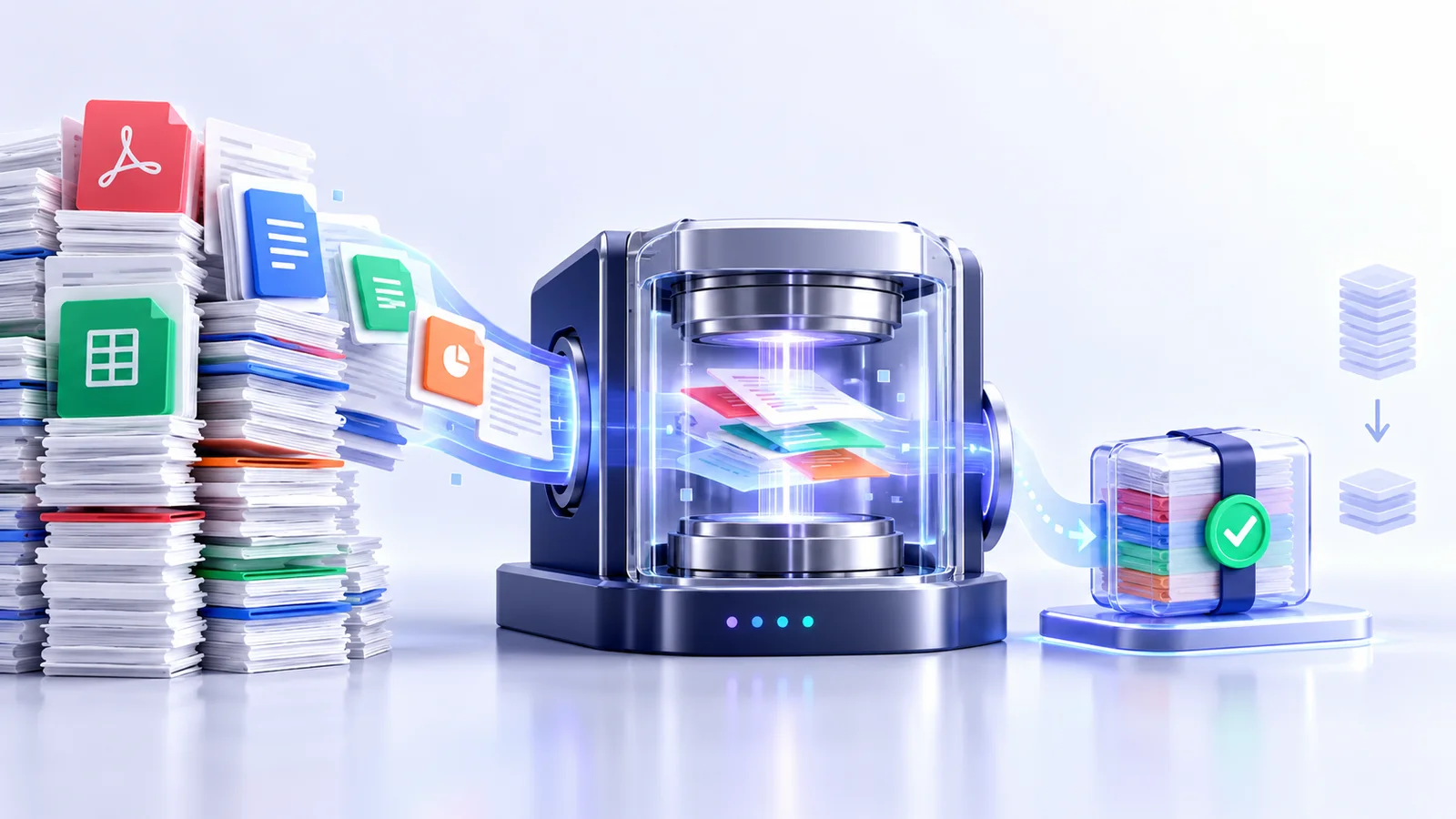Mixed document files entering a controlled compression workflow and emerging as a verified compact package