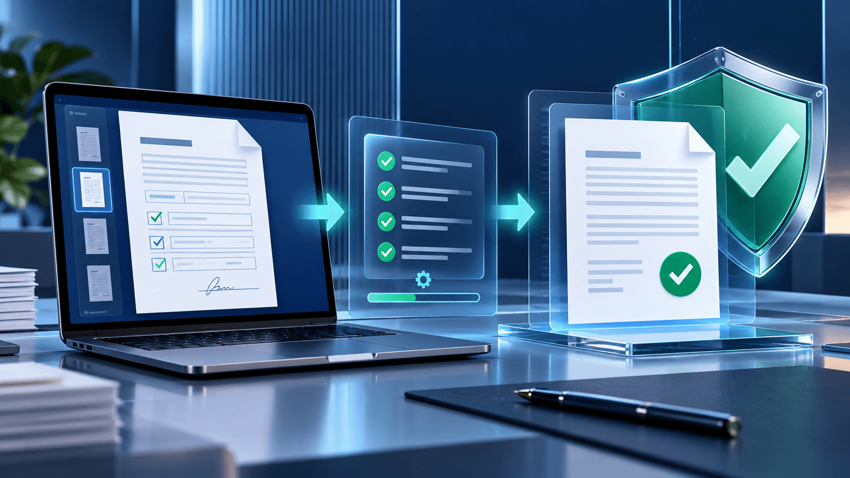 Completed PDF form moving through local verification into a saved document