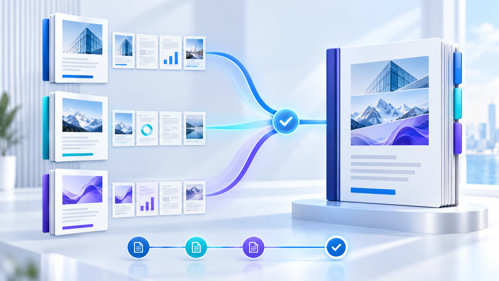 Document pages converging into one intact PDF through connected indigo and cyan paths
