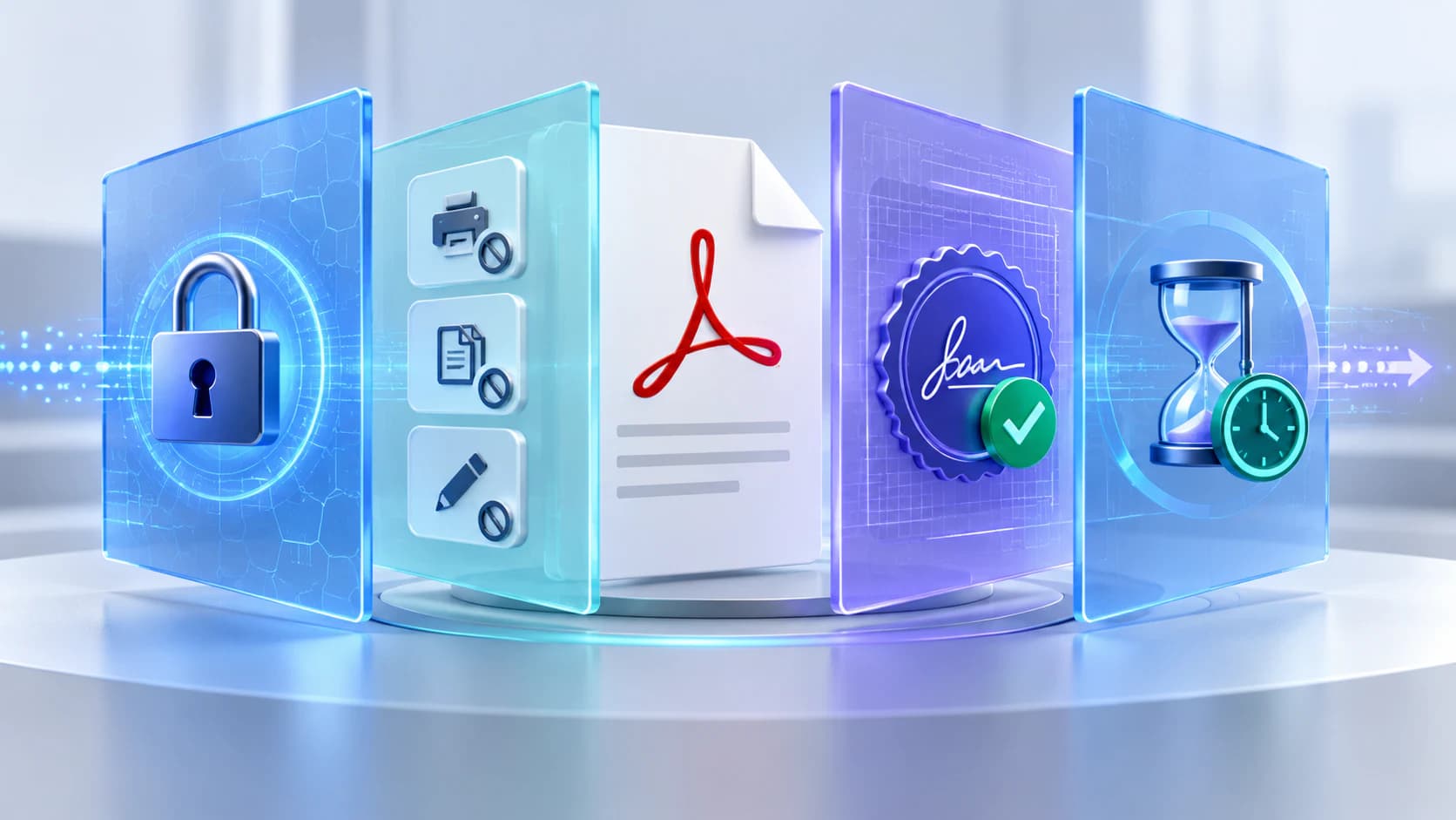PDF passwords, permissions, signatures and transfer access arranged as distinct security layers