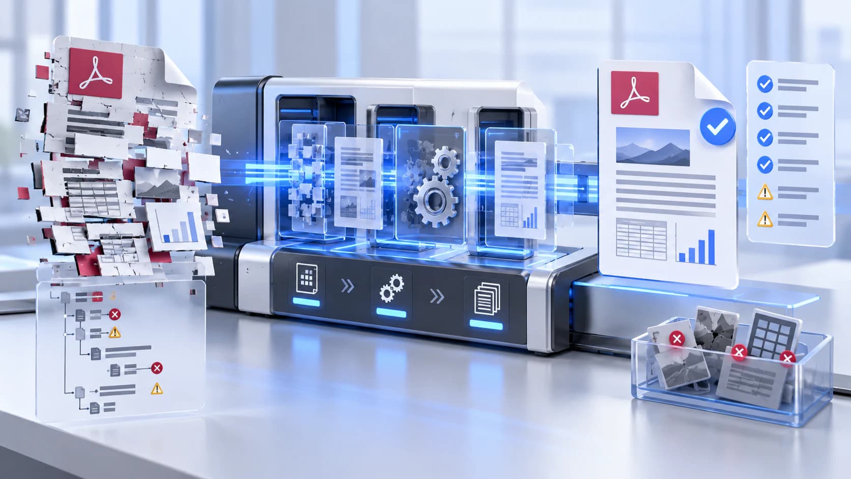 Damaged PDF objects moving through structural recovery into a validated readable document
