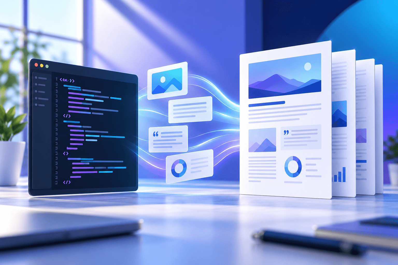 HTML code and content blocks flowing into polished PDF pages