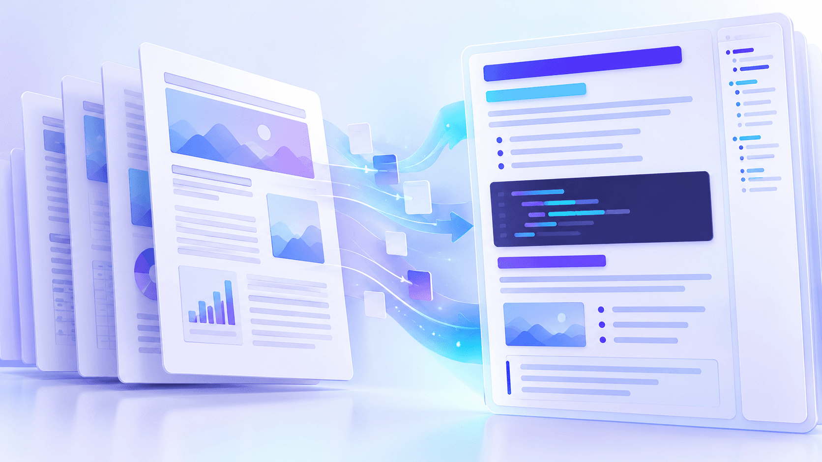 PDF pages transforming into a clean semantic Markdown workspace