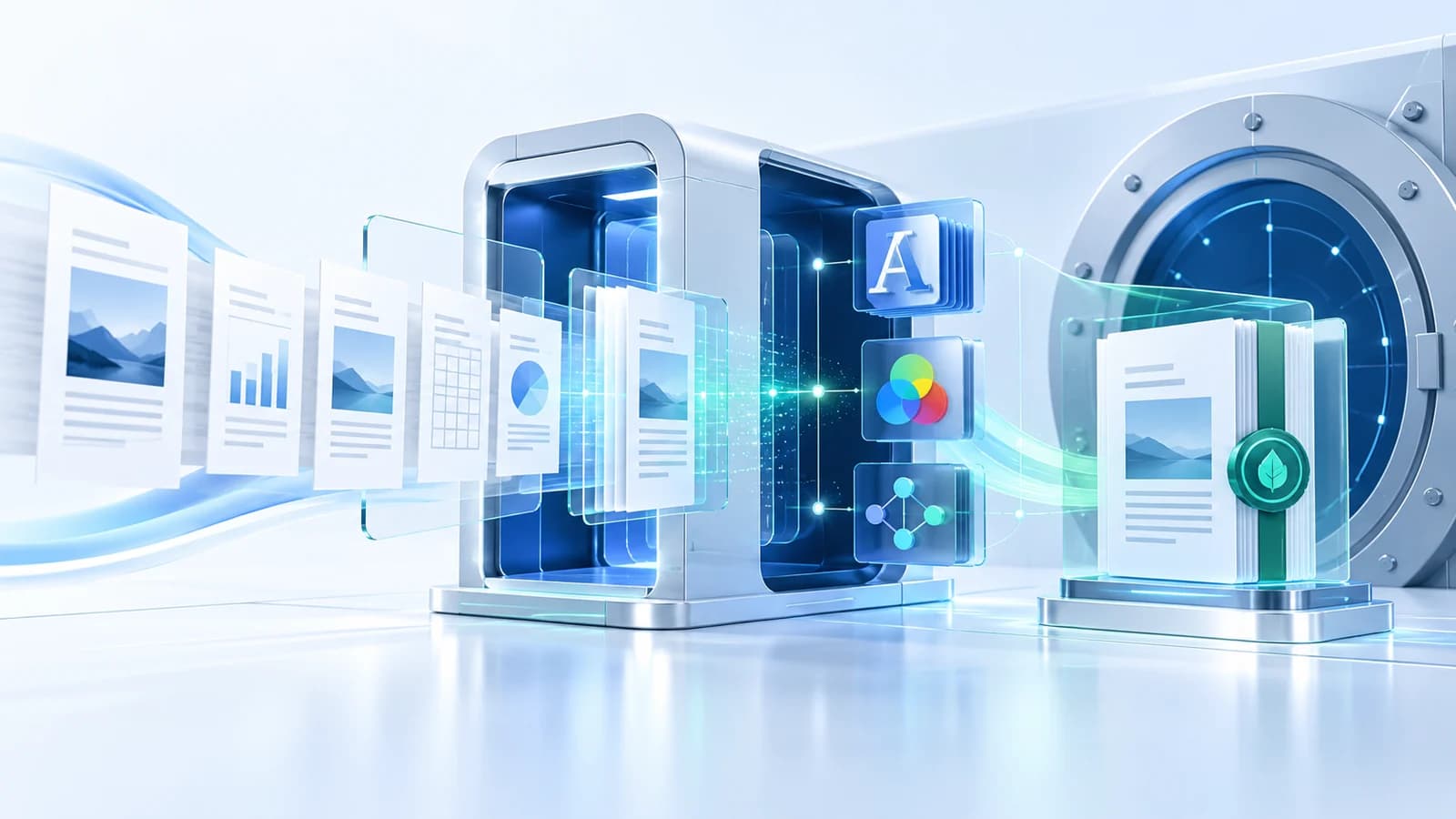 PDF pages passing through an archival conversion system into a preservation package
