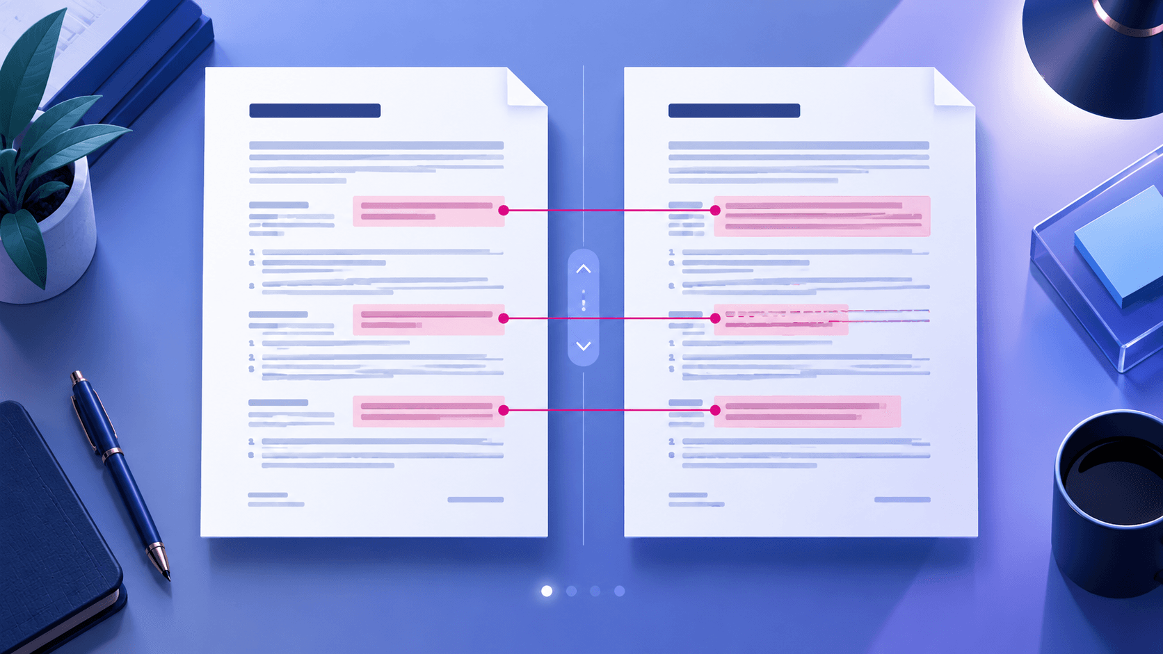 Two aligned PDF pages with connected highlights identifying meaningful contract changes