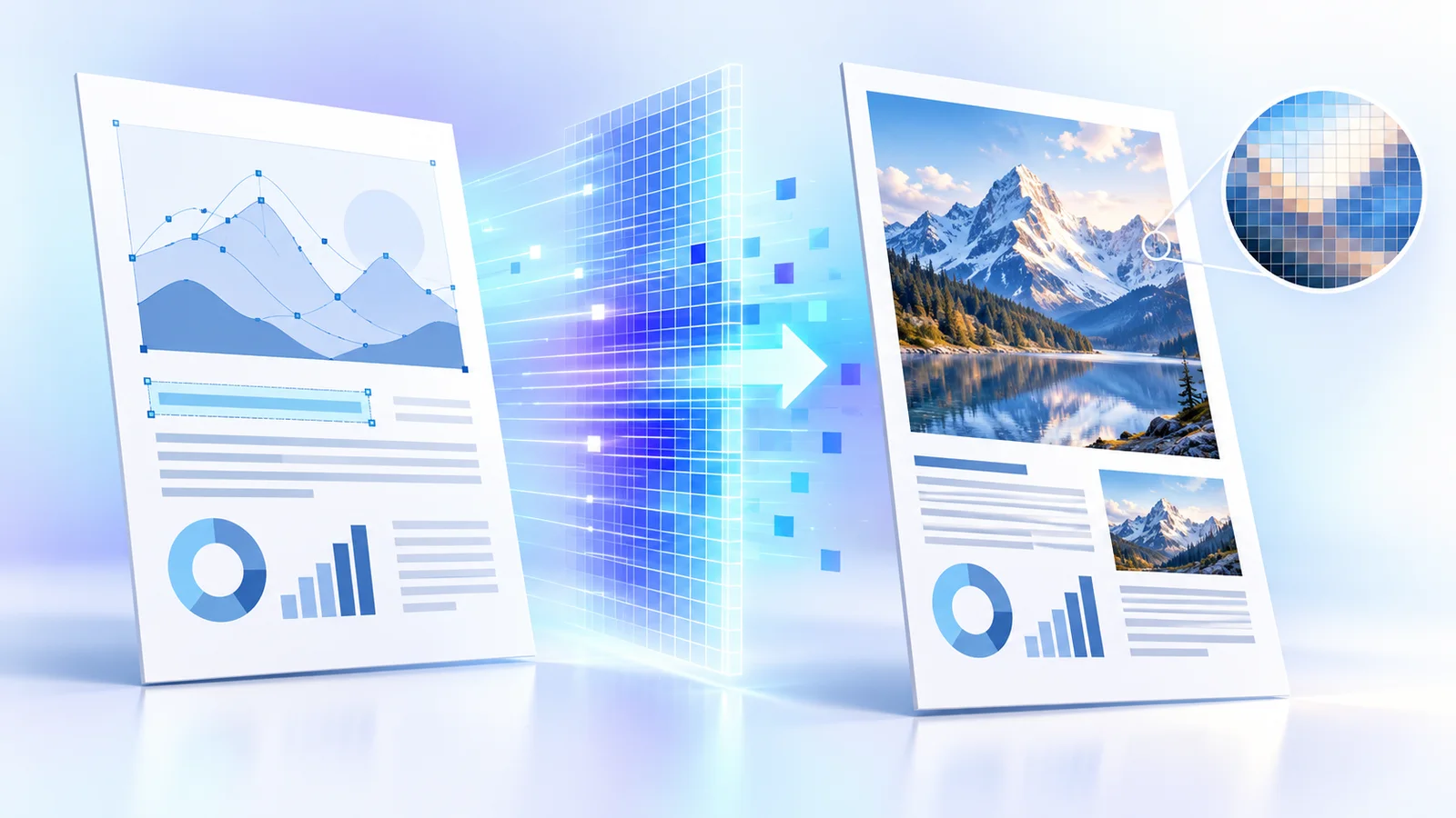 Vector PDF page passing through a pixel rendering grid into a raster PDF page