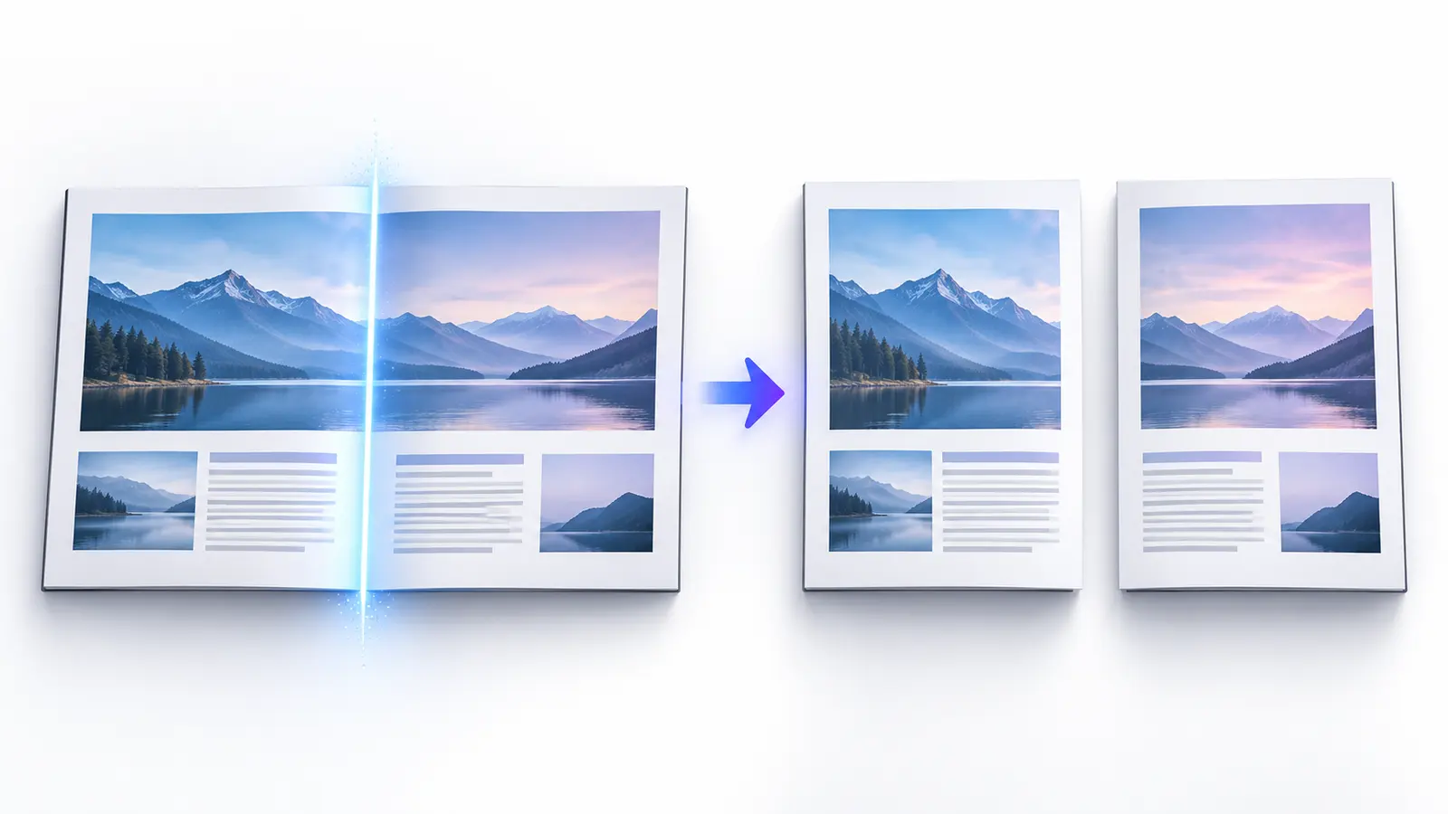 A wide scanned spread separating into individual left and right pages