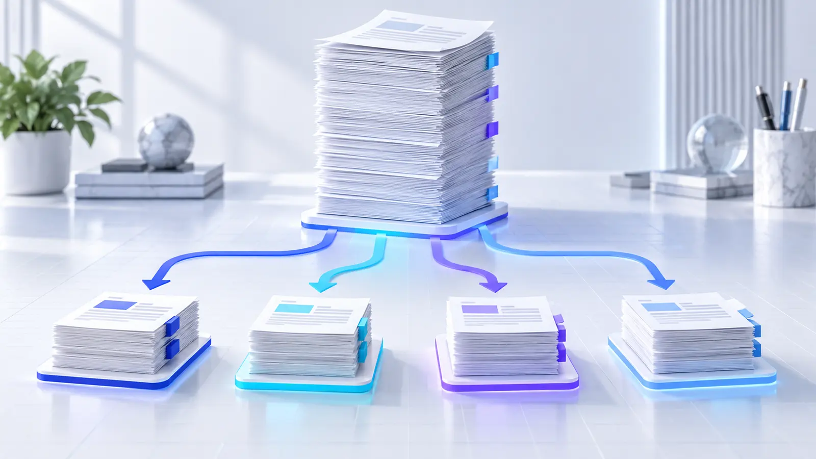 A large document stack dividing into smaller organized volumes