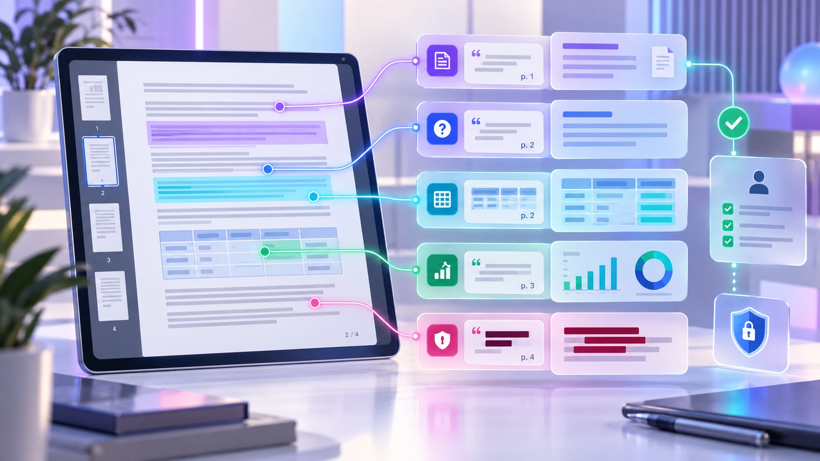 Highlighted source passages and tables connected to page-referenced document insights, review checks and privacy controls