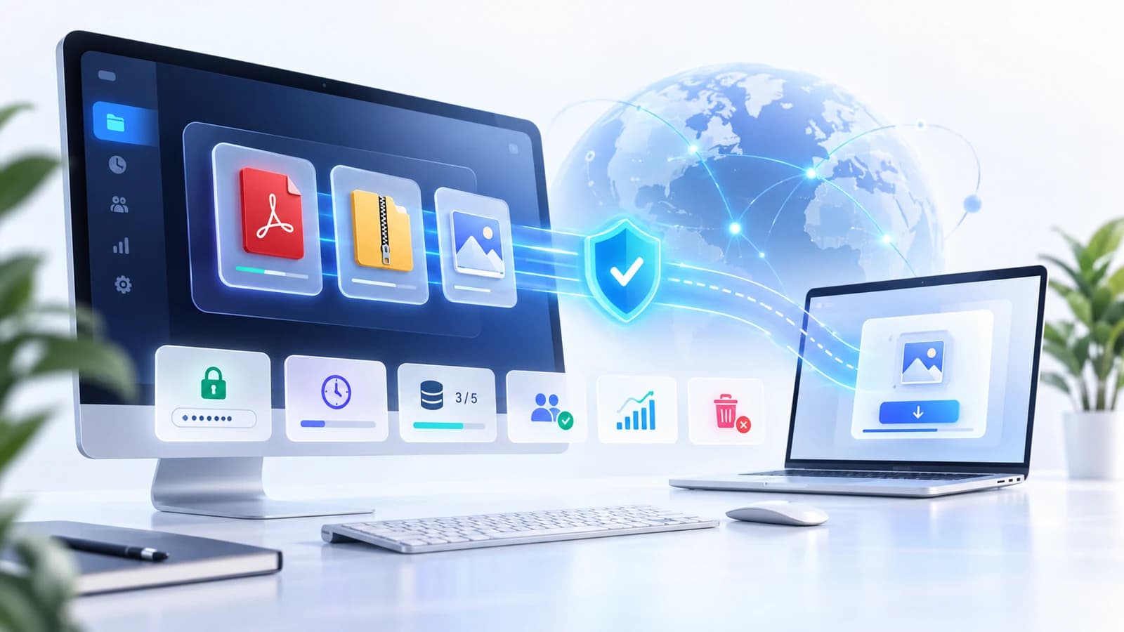 Files moving securely from a desktop workspace to a recipient laptop through a protected global transfer