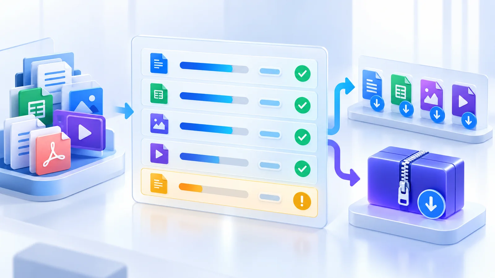 Batch verification board with per-file checks one exception and individual or ZIP download paths