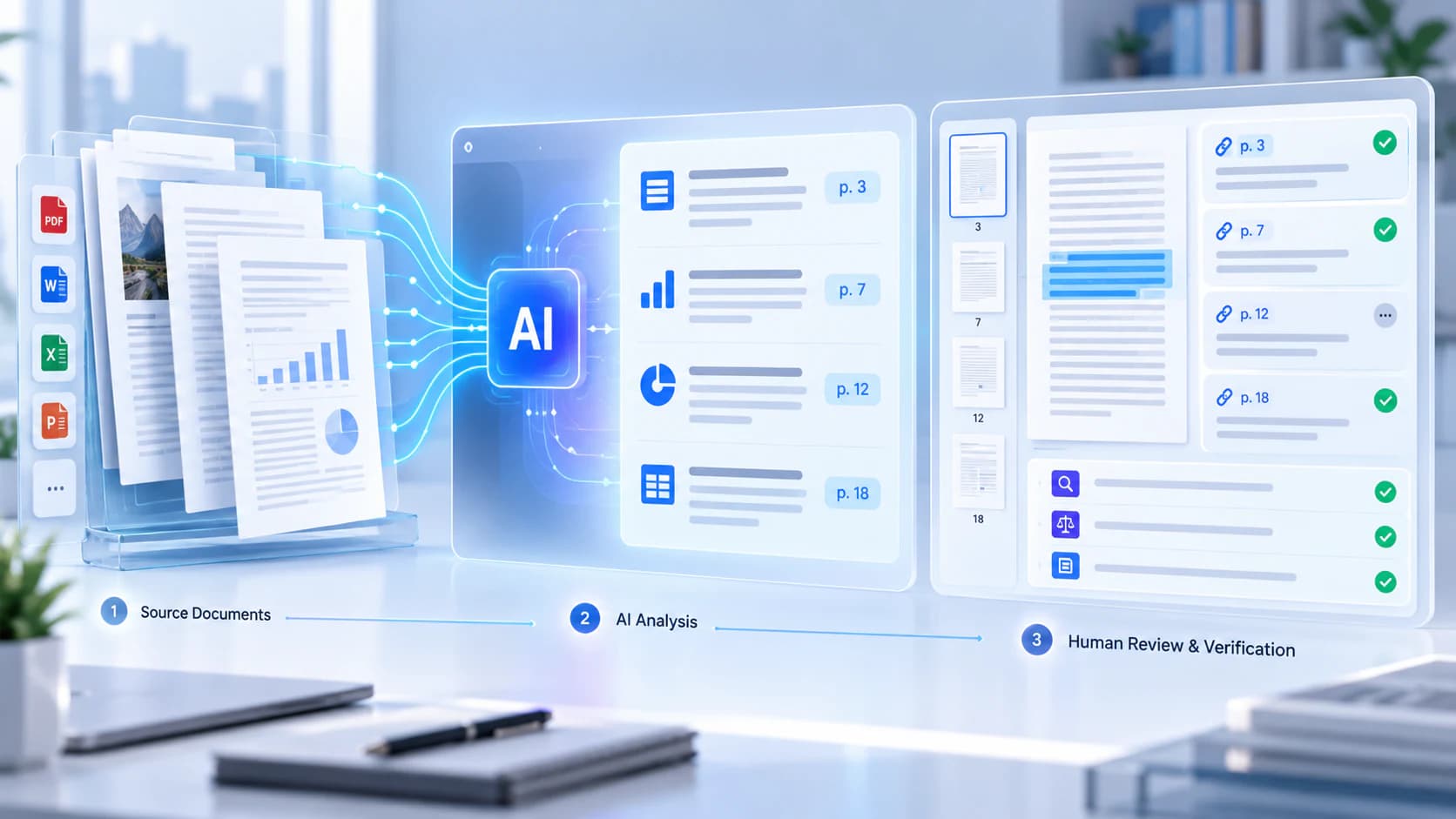 Document passages connected to an AI answer with page references and a human verification checkpoint