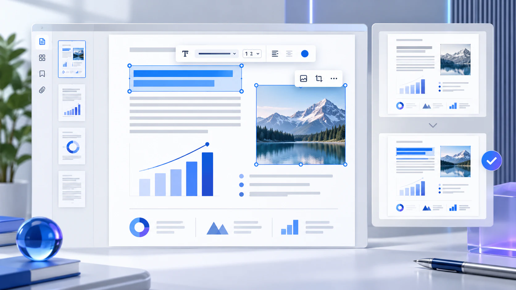 PDF editing workspace with selected text, baseline controls and verified page layout