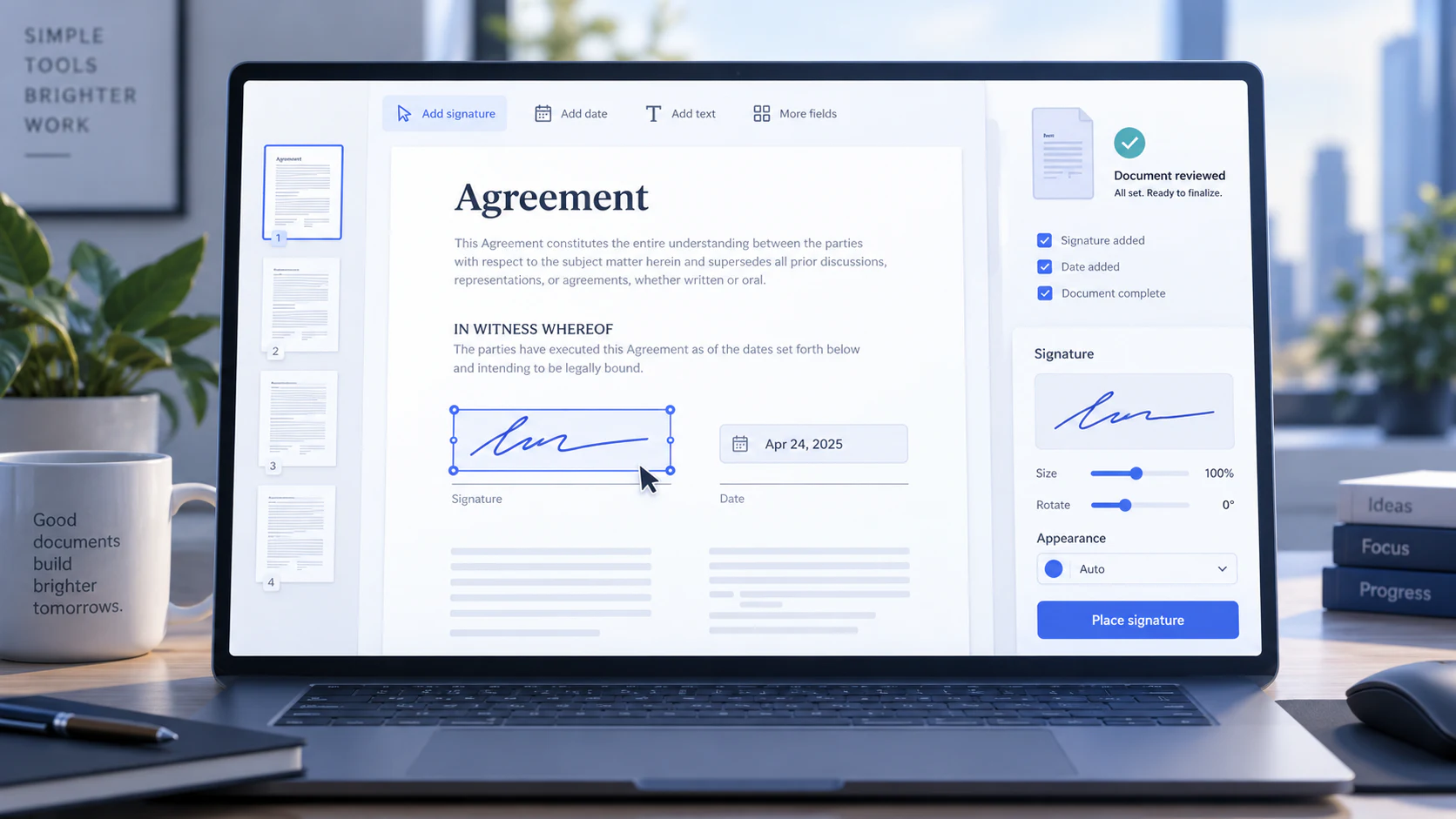 Signature positioned and resized on a PDF before final document review