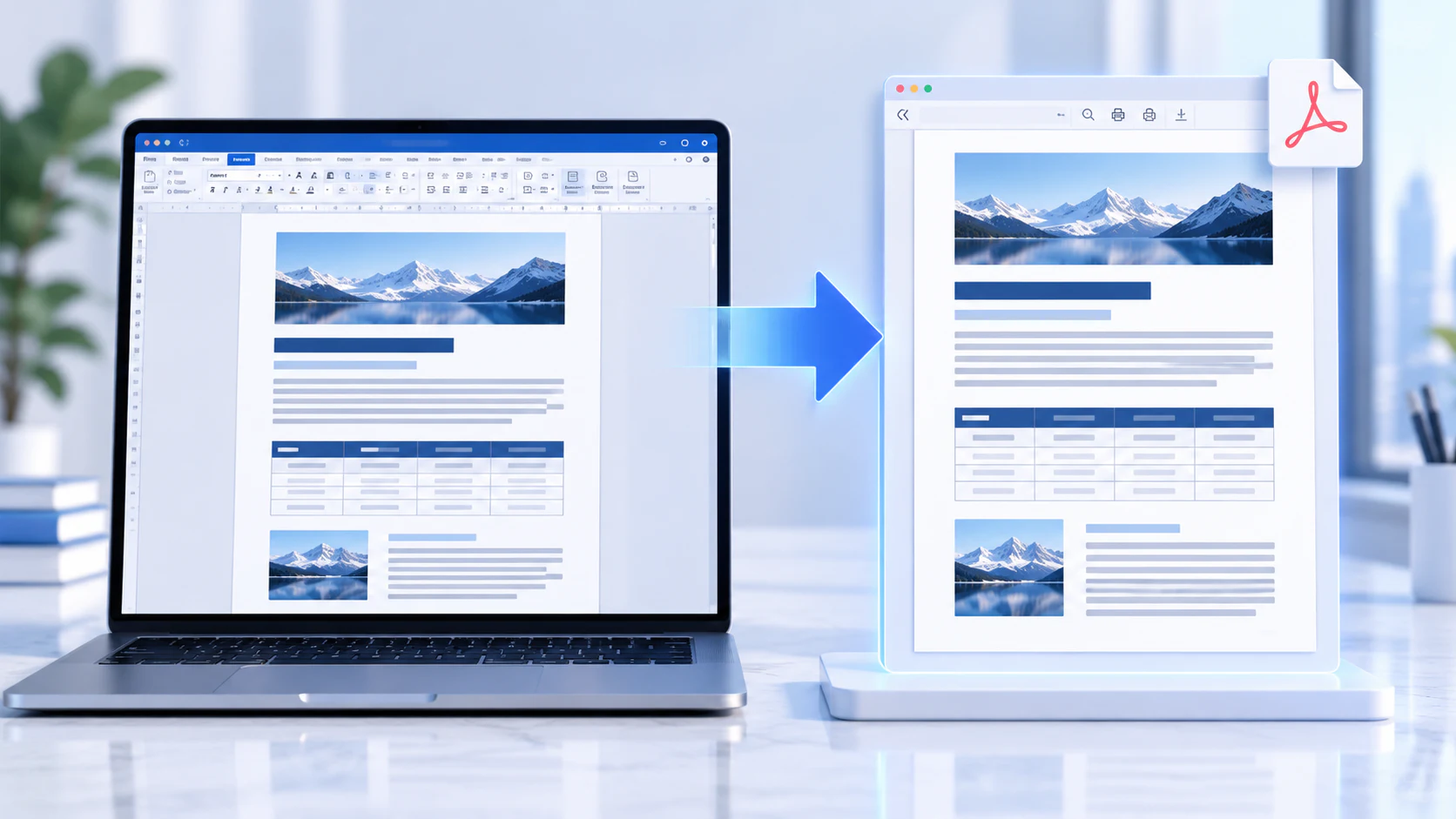 Word document structure transforming into a fixed PDF while preserving layout, tables, images, headers and footers