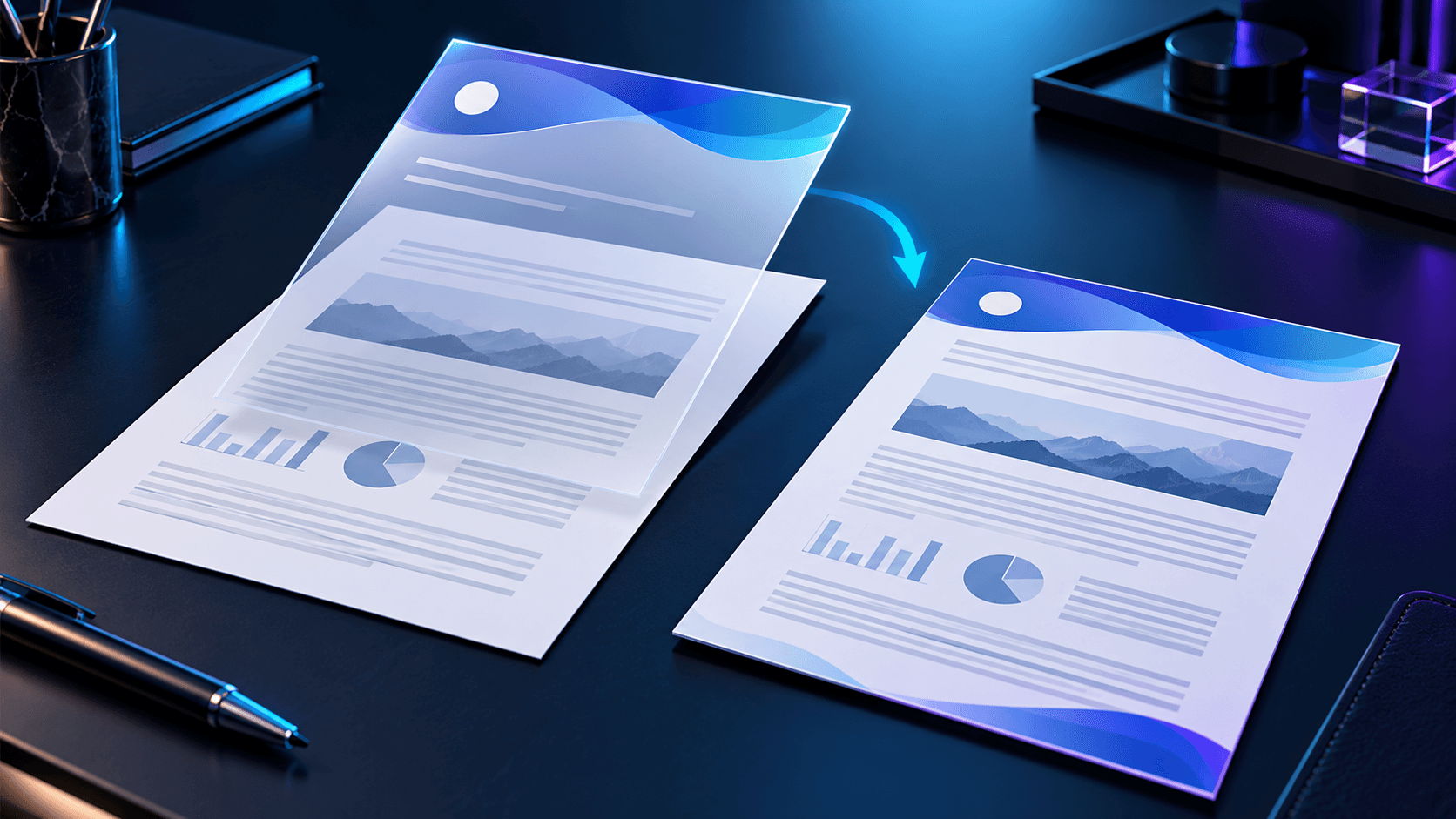 A translucent PDF page layer being placed over a base document