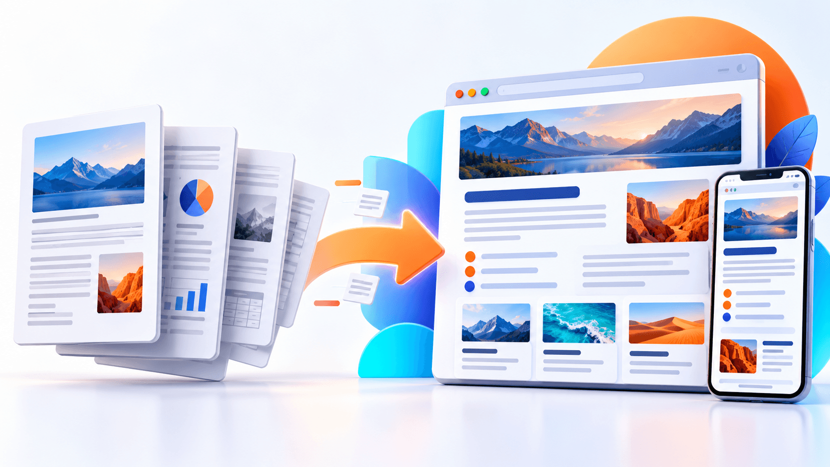 PDF pages transforming into a responsive semantic webpage on desktop and mobile