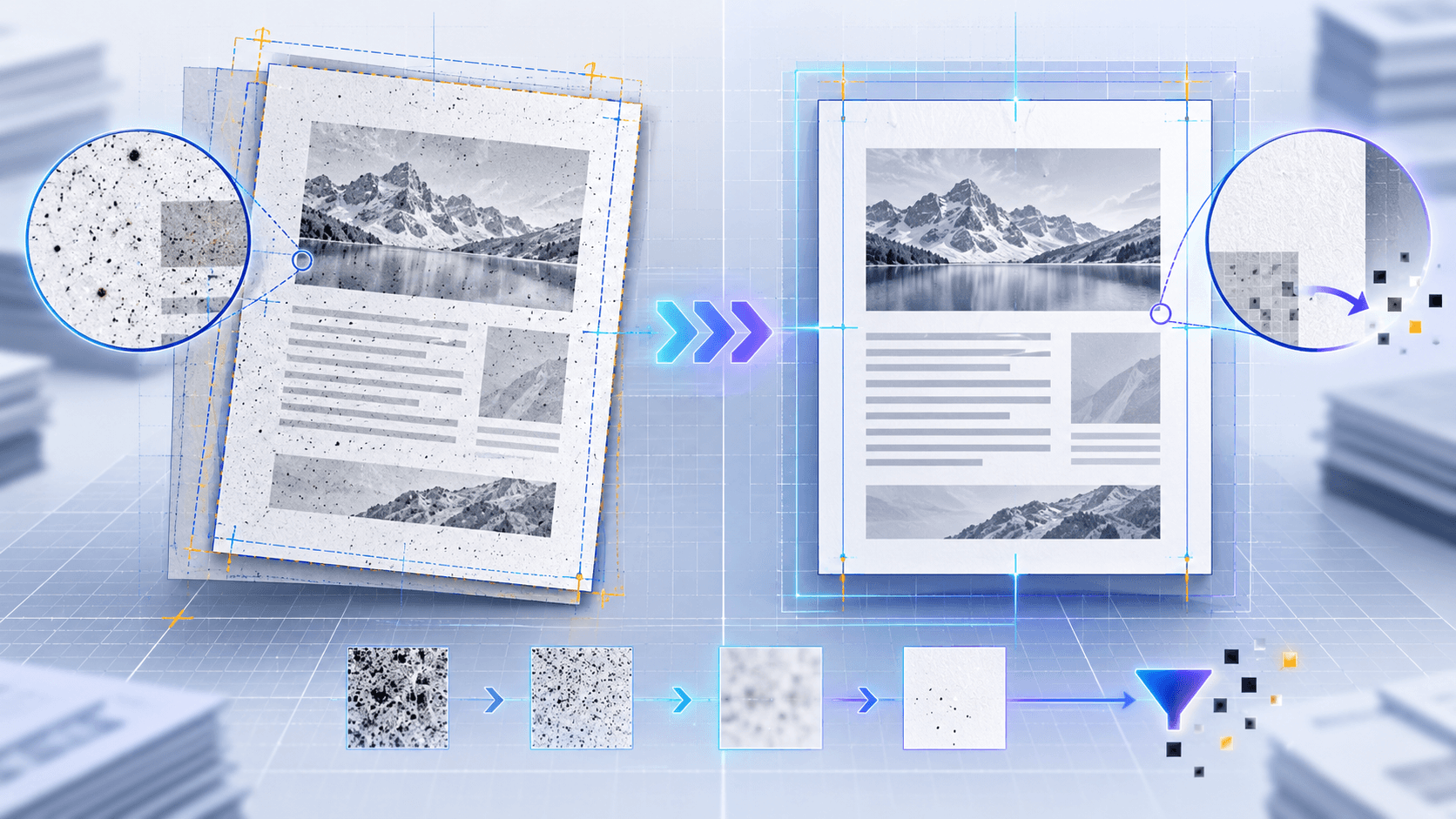 Misaligned scanned PDF pages being registered and filtered to reduce visual comparison noise