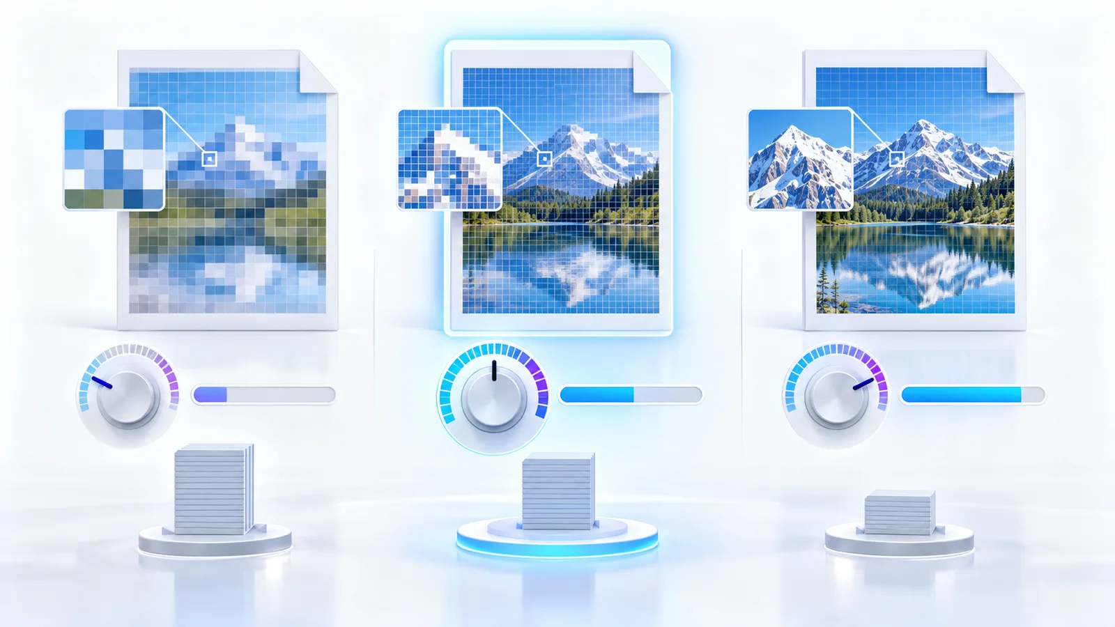 Three raster resolution levels compared with detail and file-size controls