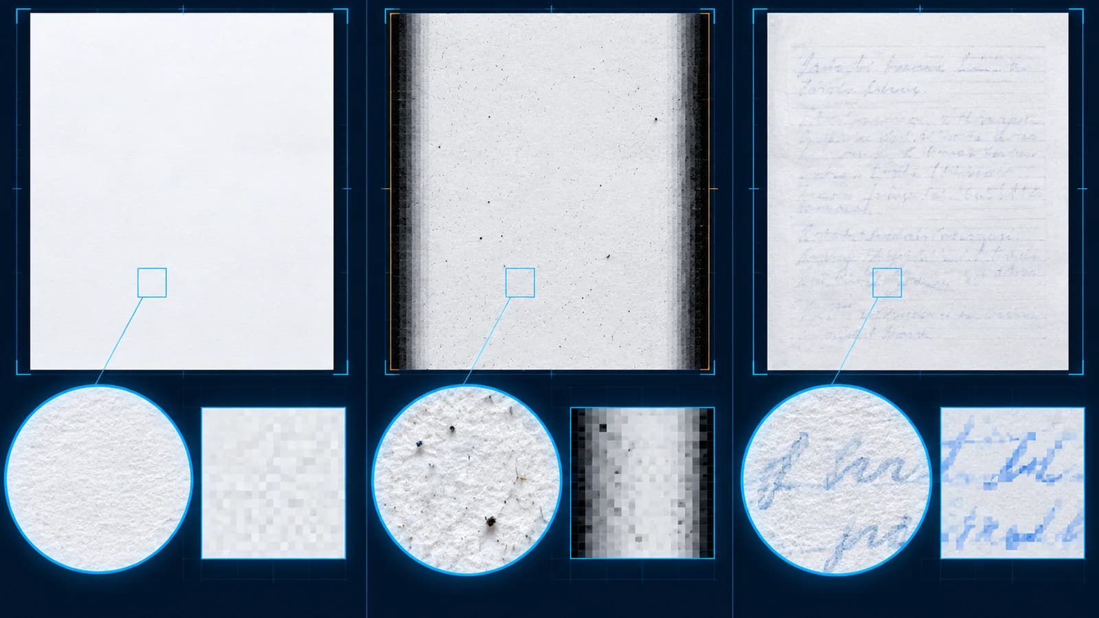 Clean blank paper, scanner noise and faint handwriting compared under detection magnification